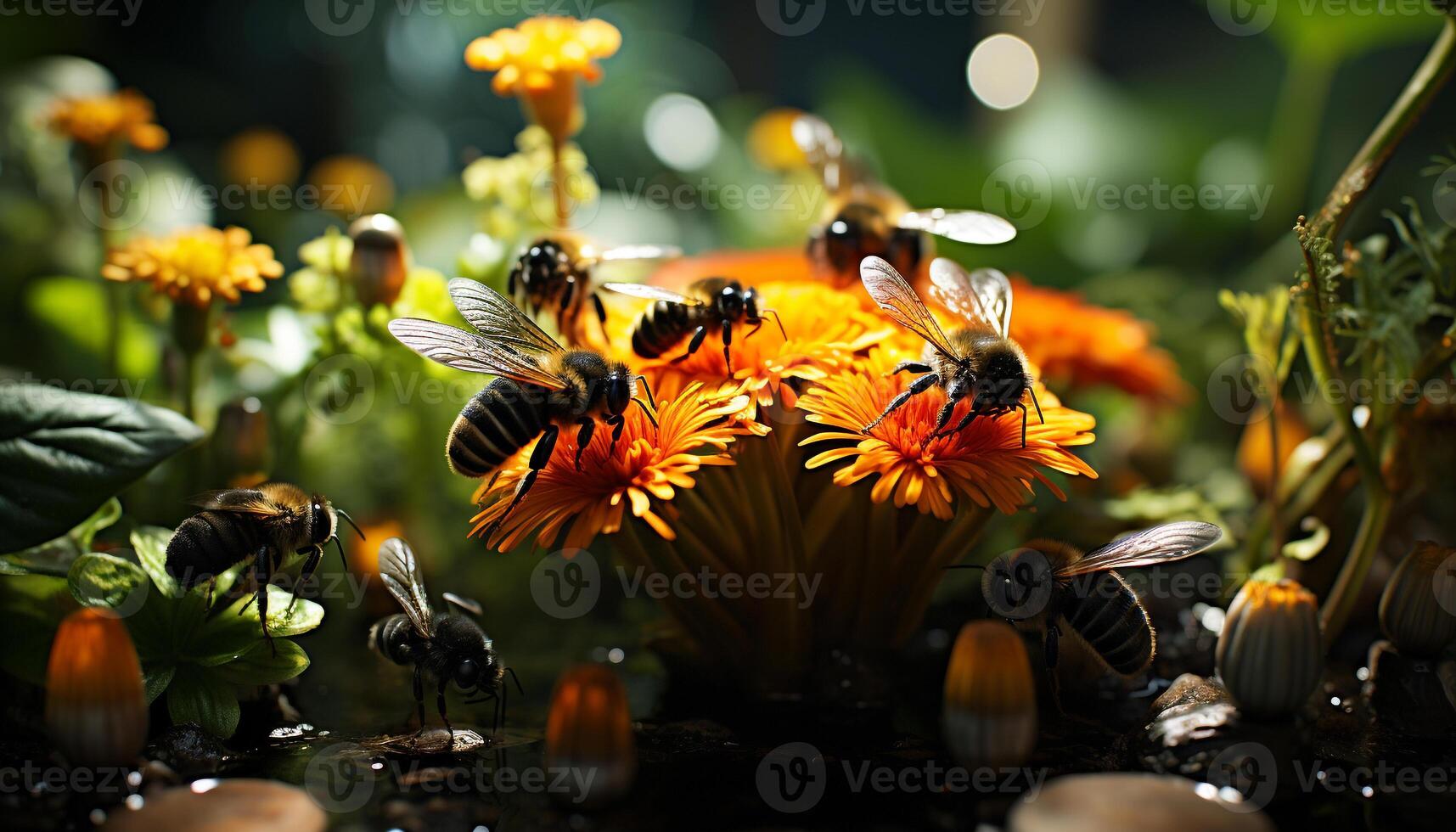 AI generated Busy honey bee pollinating a yellow flower generated by AI photo