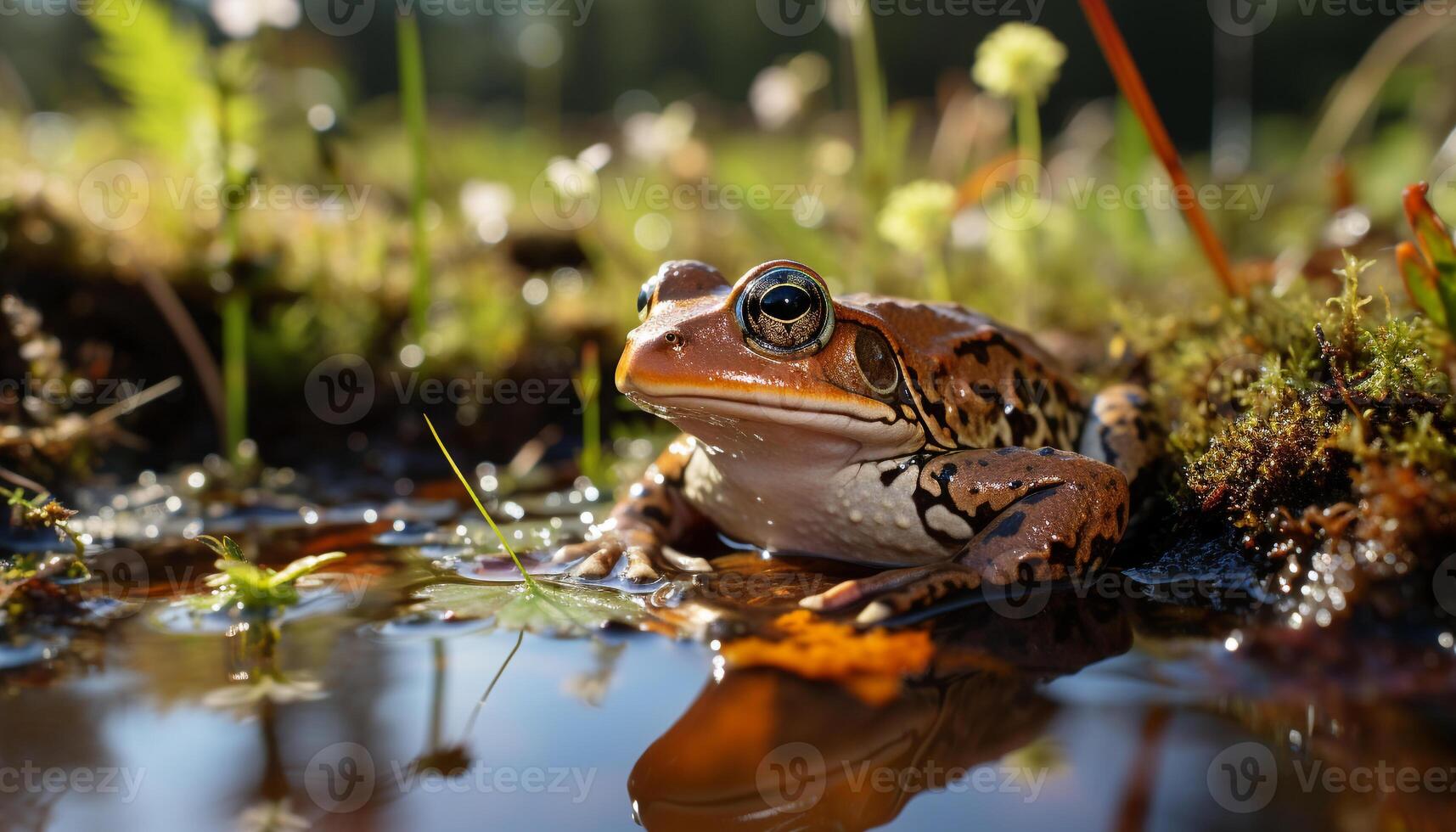 ai generado linda sapo sentado en mojado césped, mirando generado por ai foto