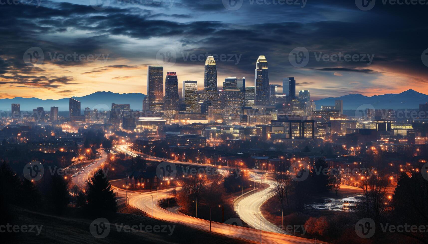 AI generated Illuminated city skyline, traffic trails, vibrant nightlife generated by AI photo