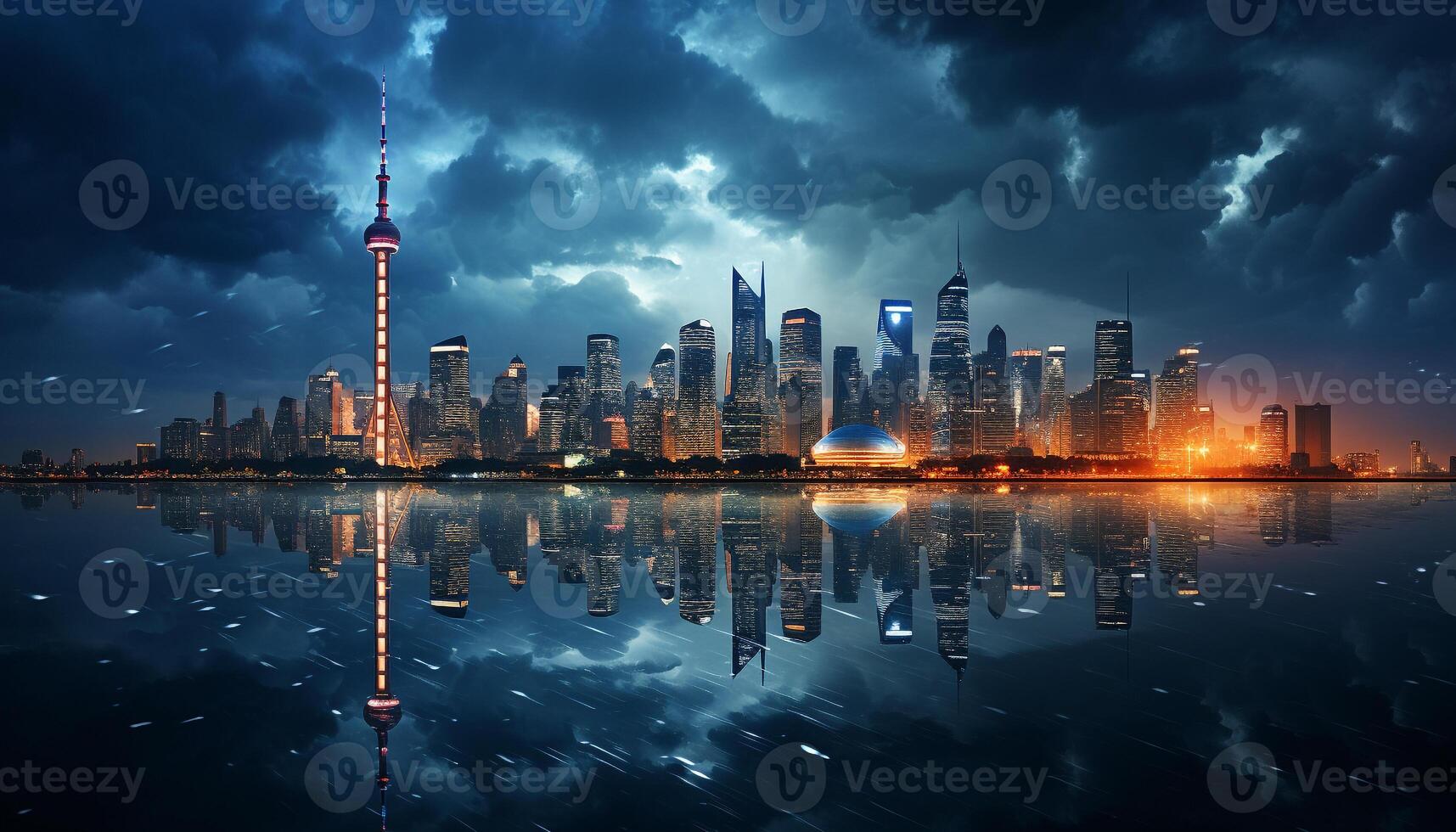 AI generated Modern city skyline reflects in the glowing water generated by AI photo