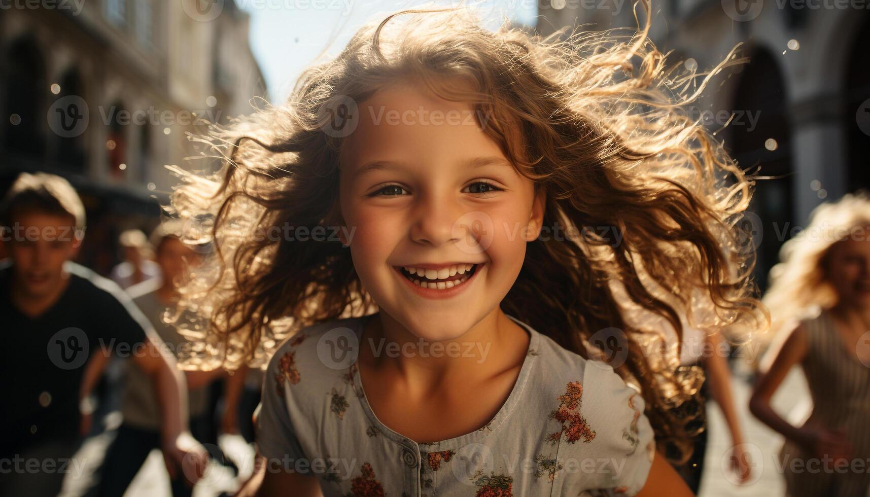 ai generado sonriente niña disfruta despreocupado verano al aire libre con amigos generado por ai foto