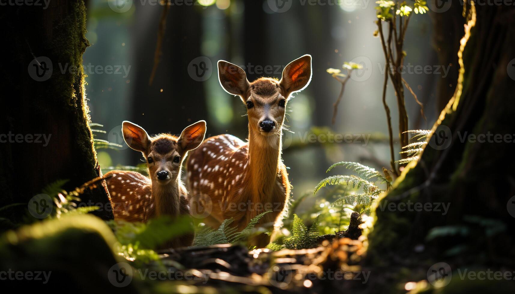 ai generado linda ciervo en bosque, mirando a cámara generado por ai foto