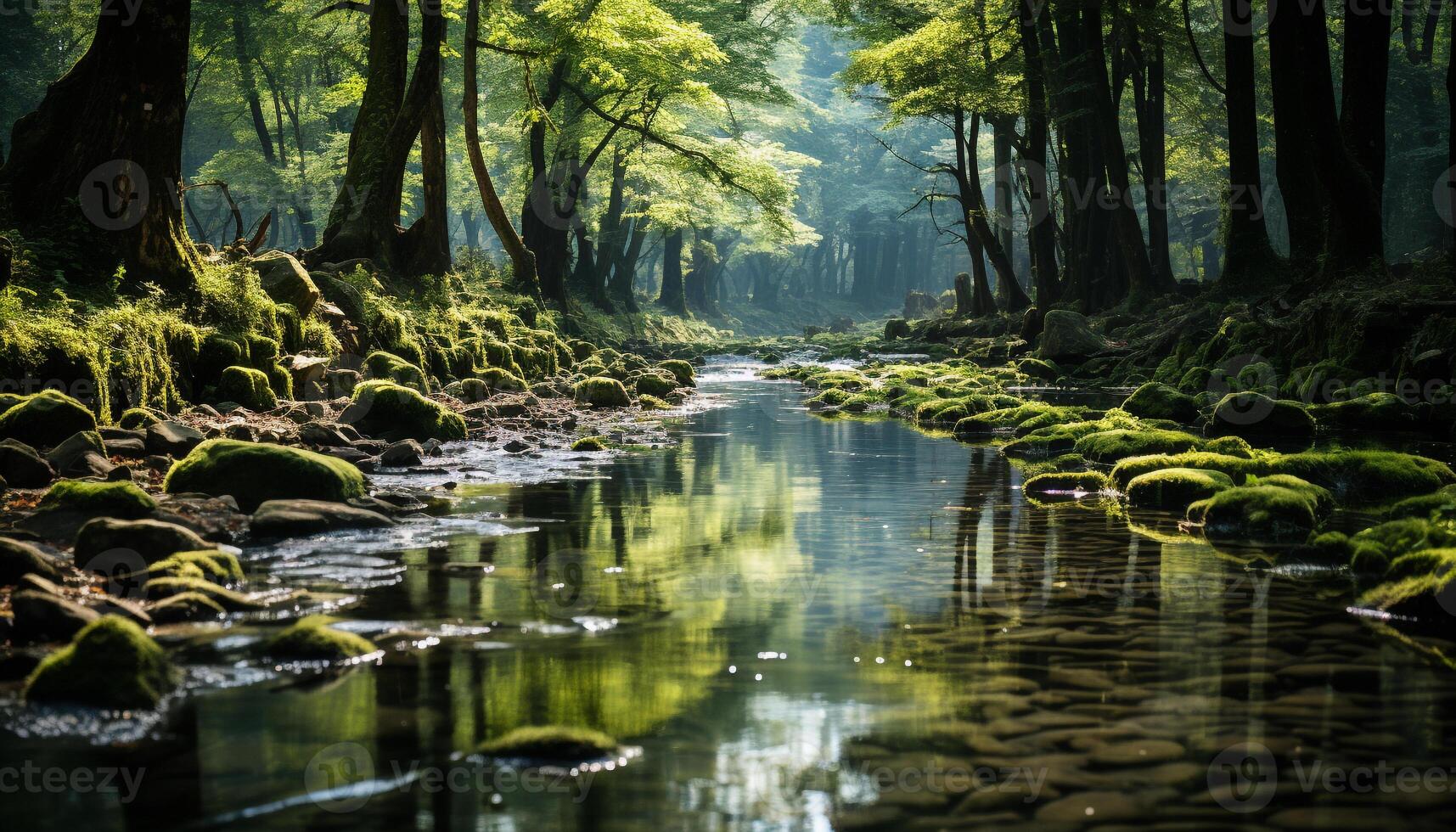 ai generado tranquilo escena de verde bosque refleja en estanque generado por ai foto