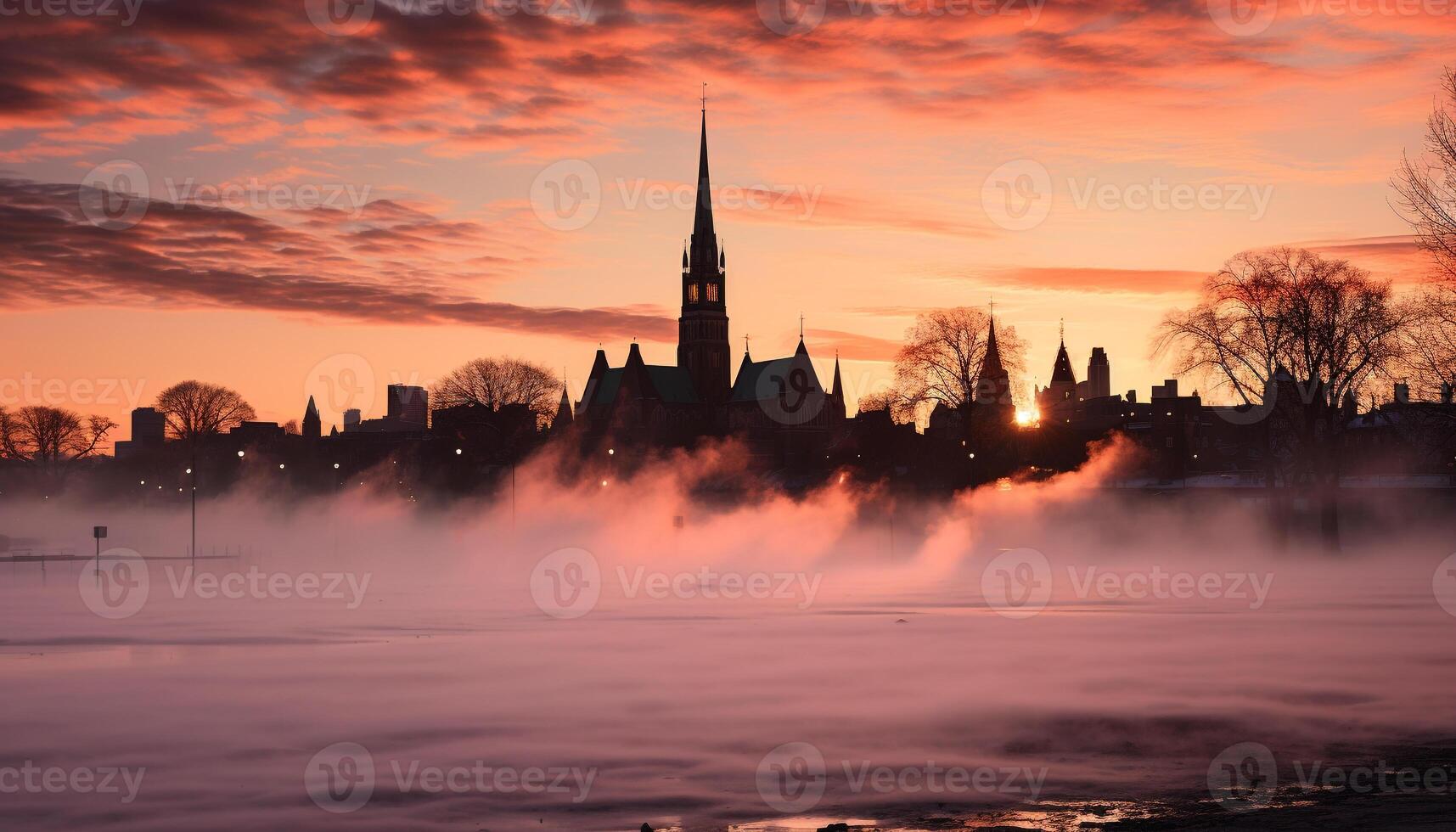 AI generated Silhouette of gothic steeple against winter sunset generated by AI photo