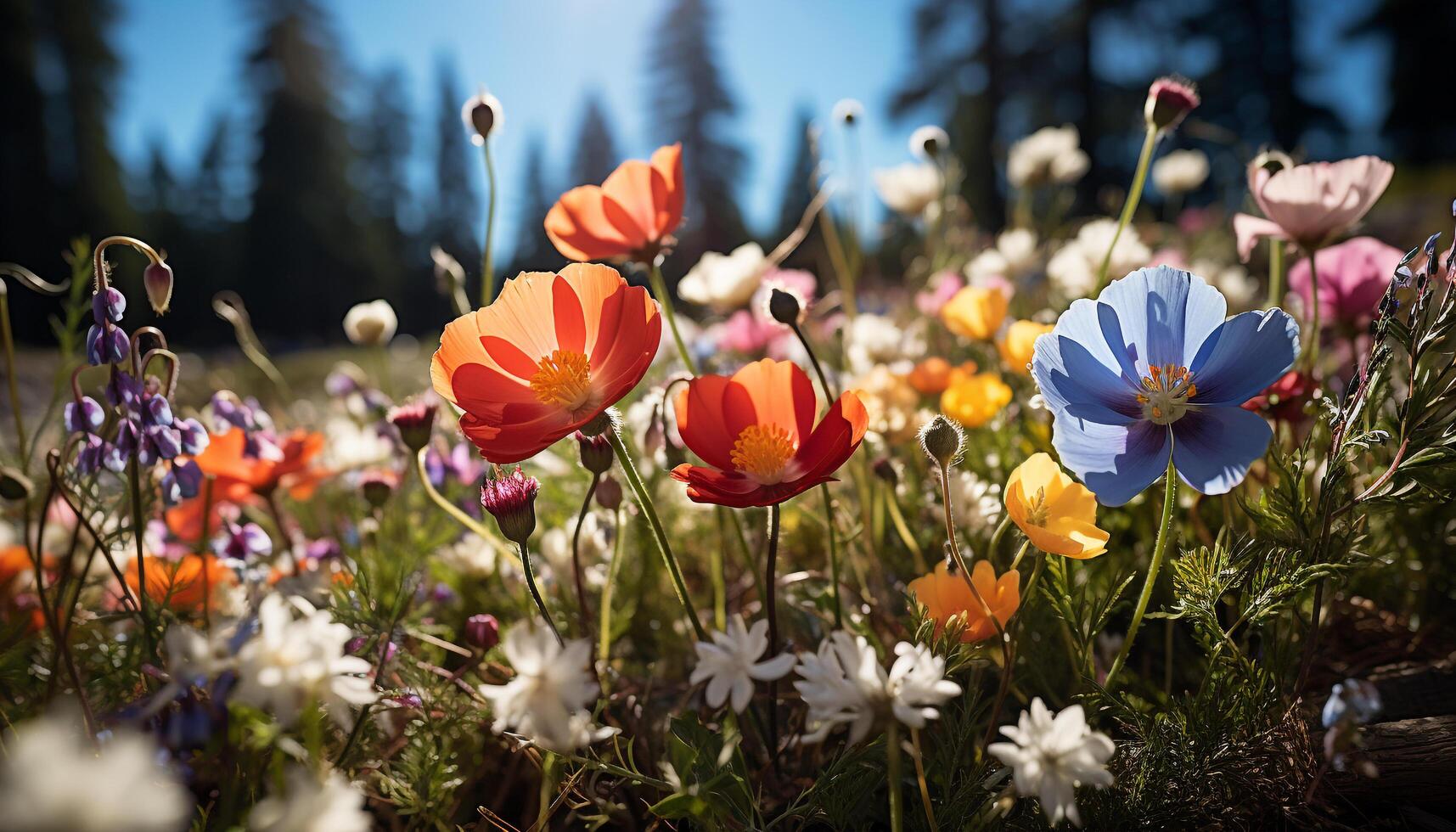 ai generado hermosa prado de vistoso flores silvestres en el verano generado por ai foto