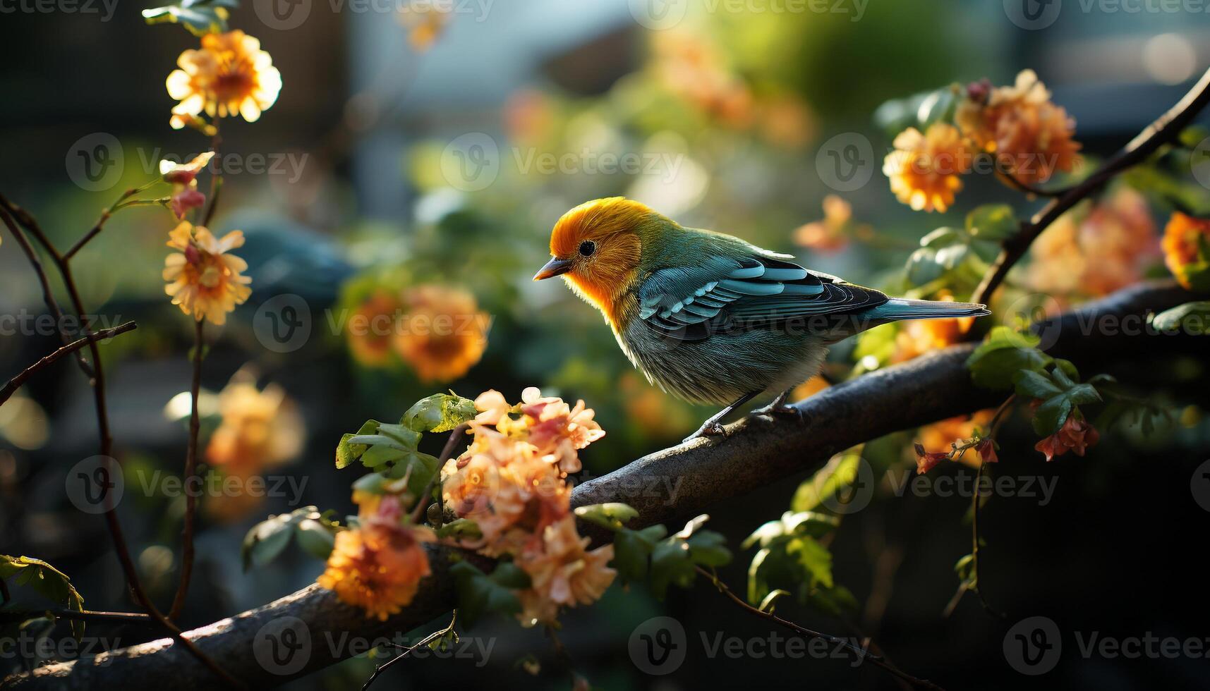 AI generated A cute sparrow perching on a yellow branch generated by AI photo