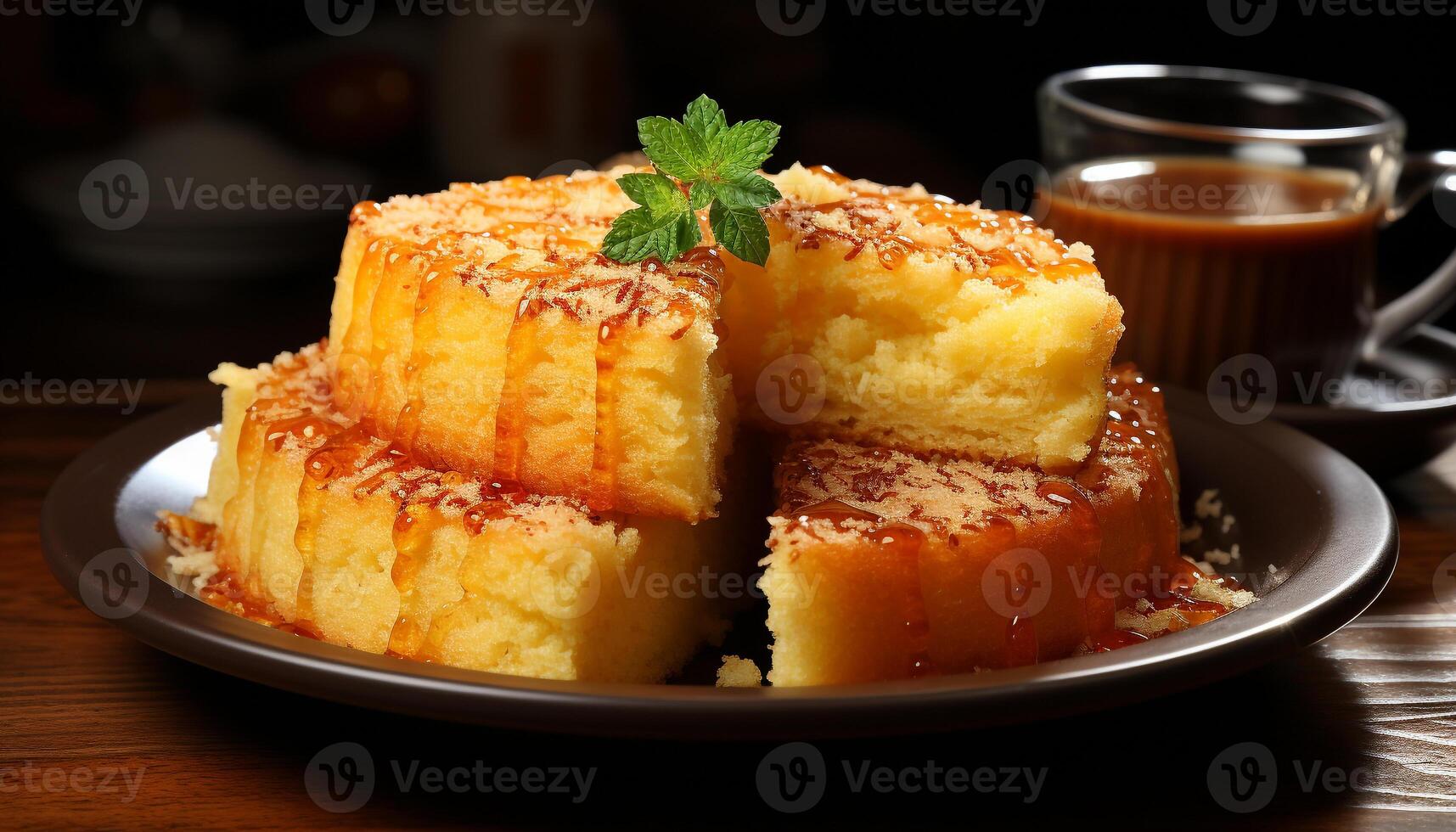 AI generated Sweet pie on wooden plate, ready to eat dessert generated by AI photo