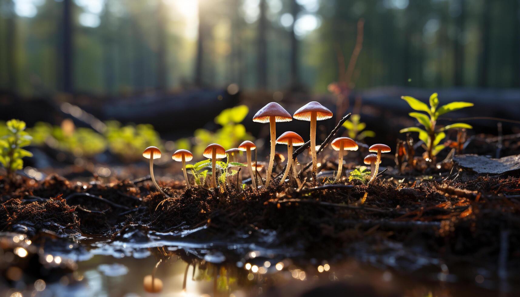 AI generated Freshness of autumn forest, wet toadstool on branch generated by AI photo