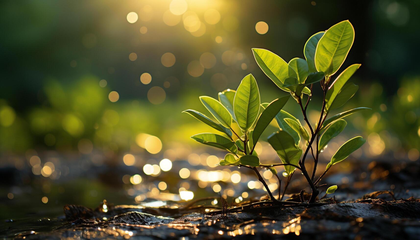 AI generated Fresh green leaves on tree branch in sunlight generated by AI photo