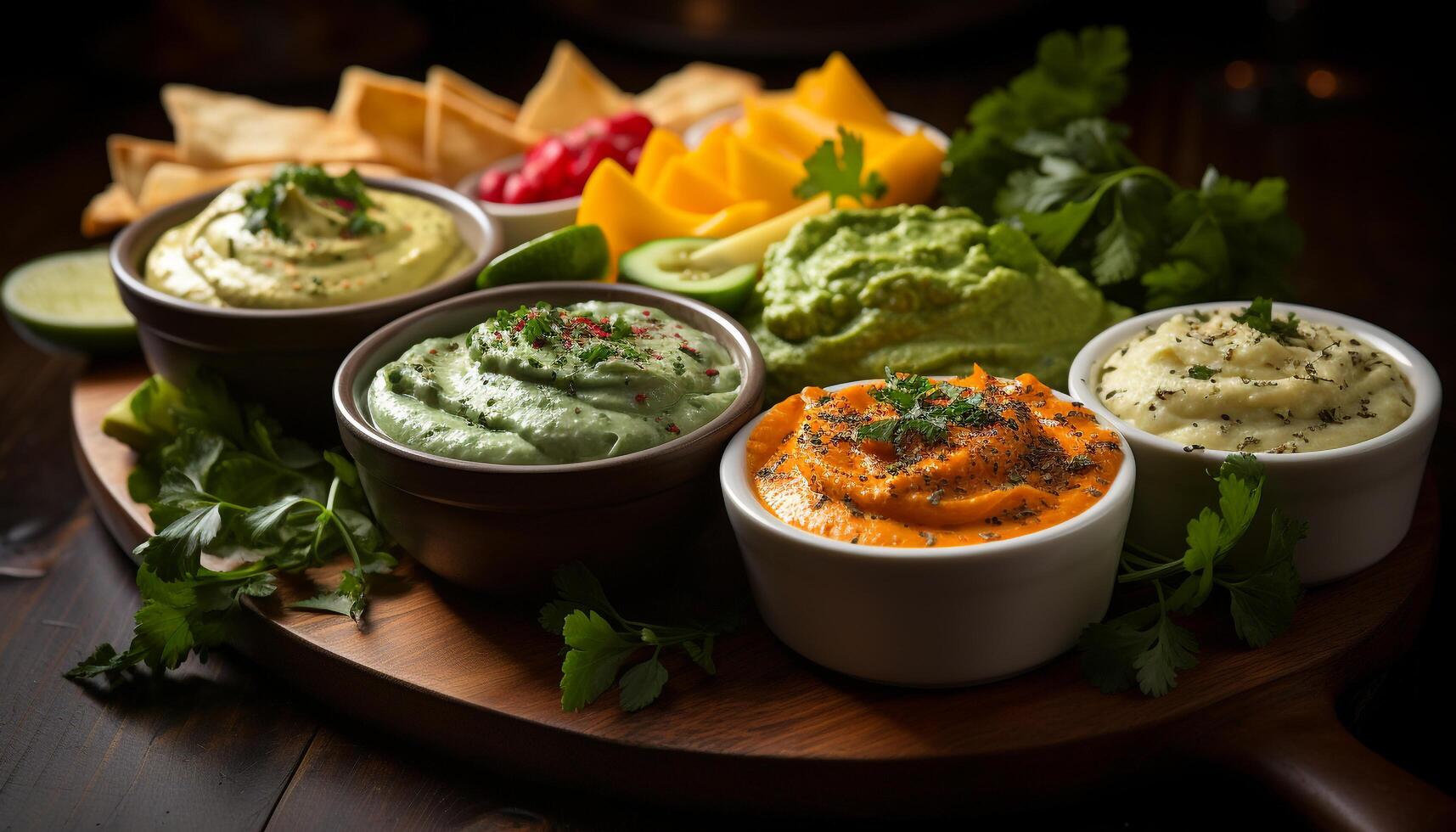 AI generated Fresh guacamole dip with cilantro, avocado, and spice generated by AI photo