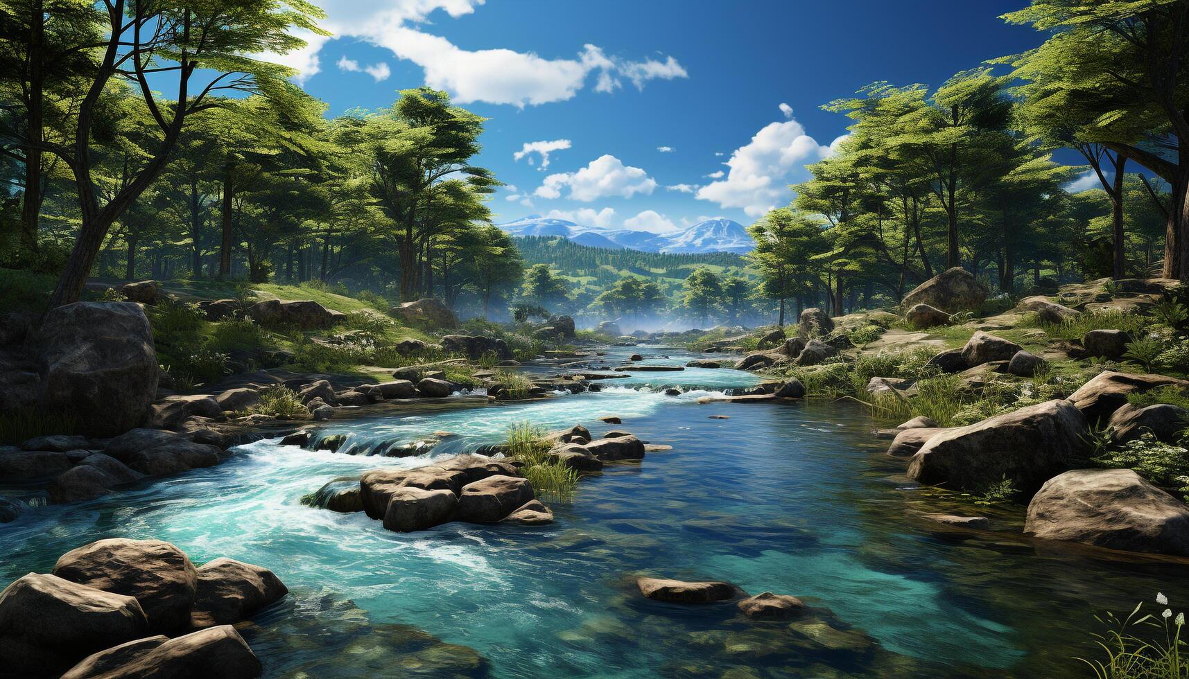 AI generated Tranquil scene of green forest reflects in water generated by AI photo