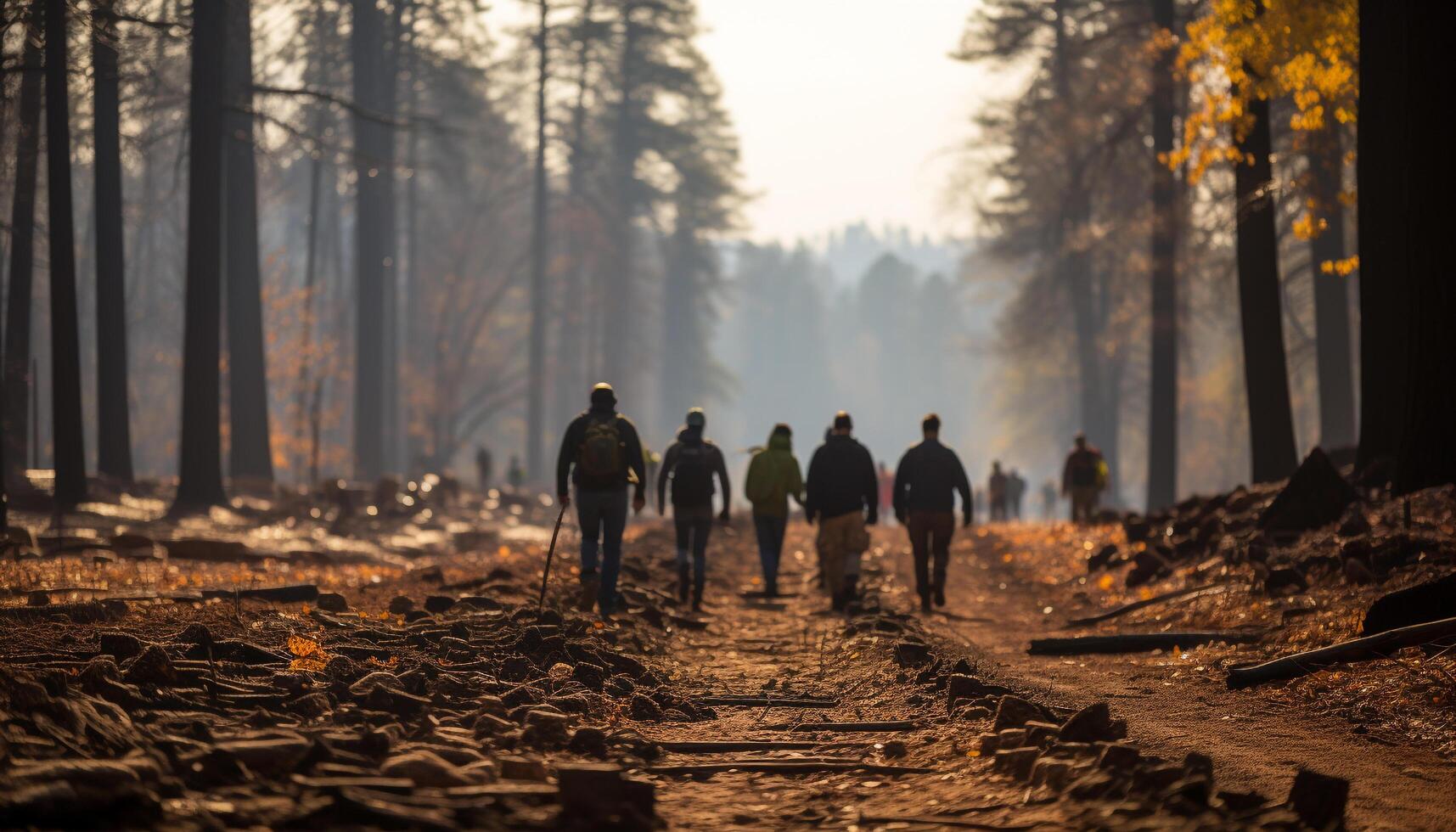 AI generated Group of men hiking in the autumn forest generated by AI photo