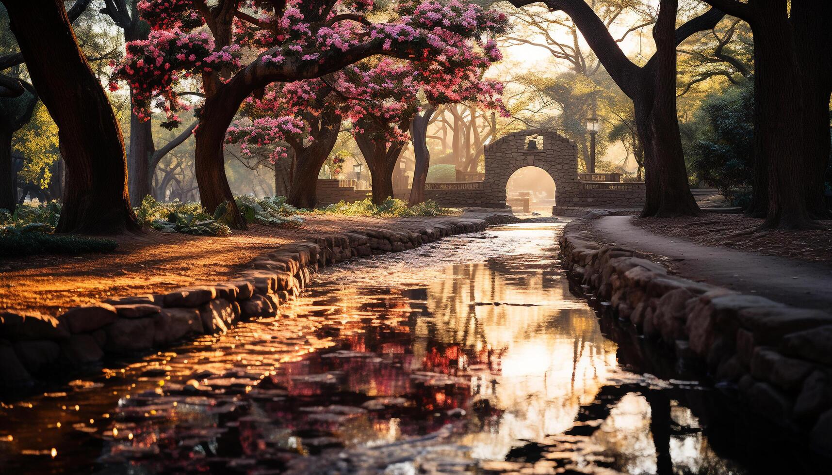 AI generated Tranquil scene of autumn tree reflects on water generated by AI photo