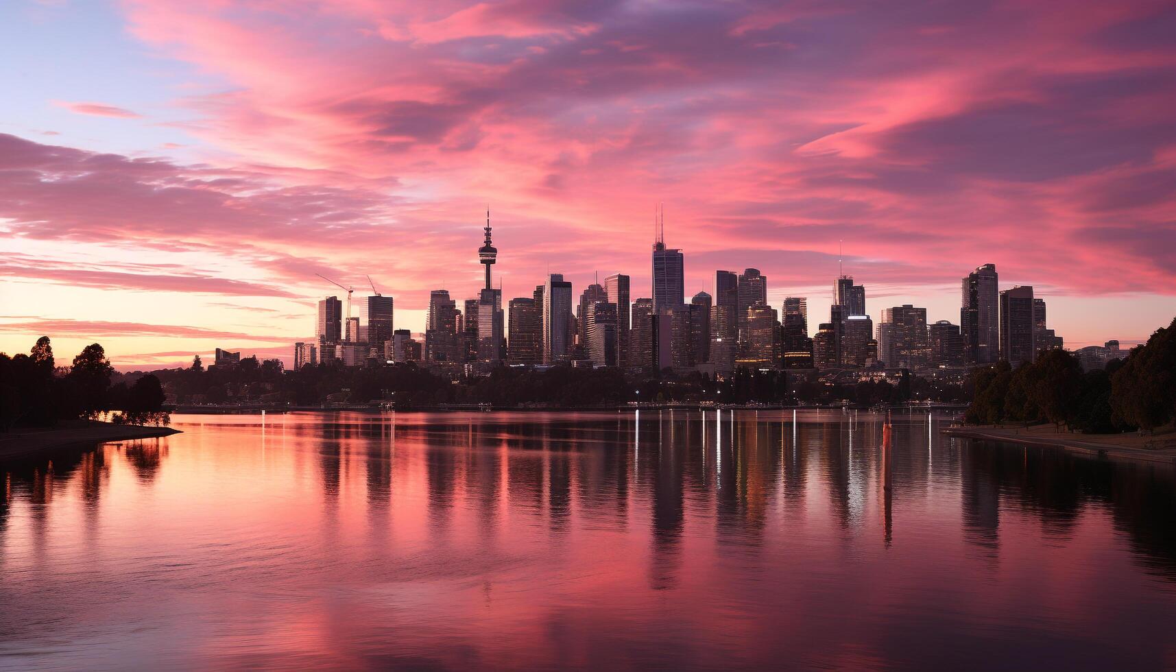 AI generated Cityscape at dusk, skyscrapers reflecting in water generated by AI photo