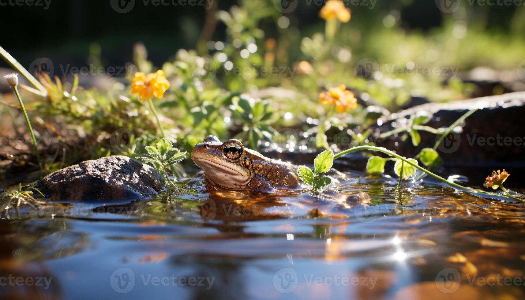 AI generated Cute toad sitting on wet grass in summer generated by AI photo