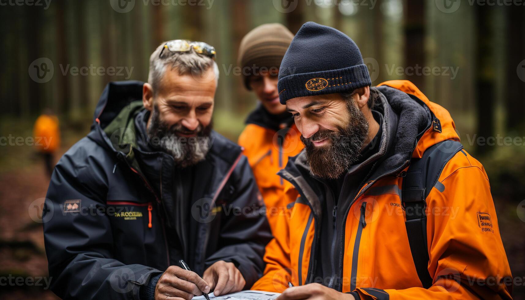 AI generated Two males outdoors, smiling, working, in nature generated by AI photo