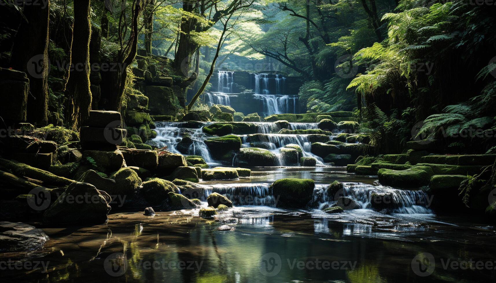 AI generated Tranquil scene of flowing water in a forest generated by AI photo