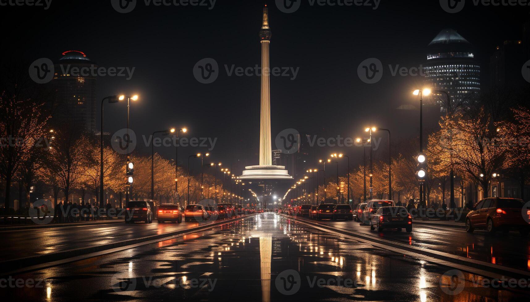 AI generated Illuminated city skyline reflects in dark water generated by AI photo