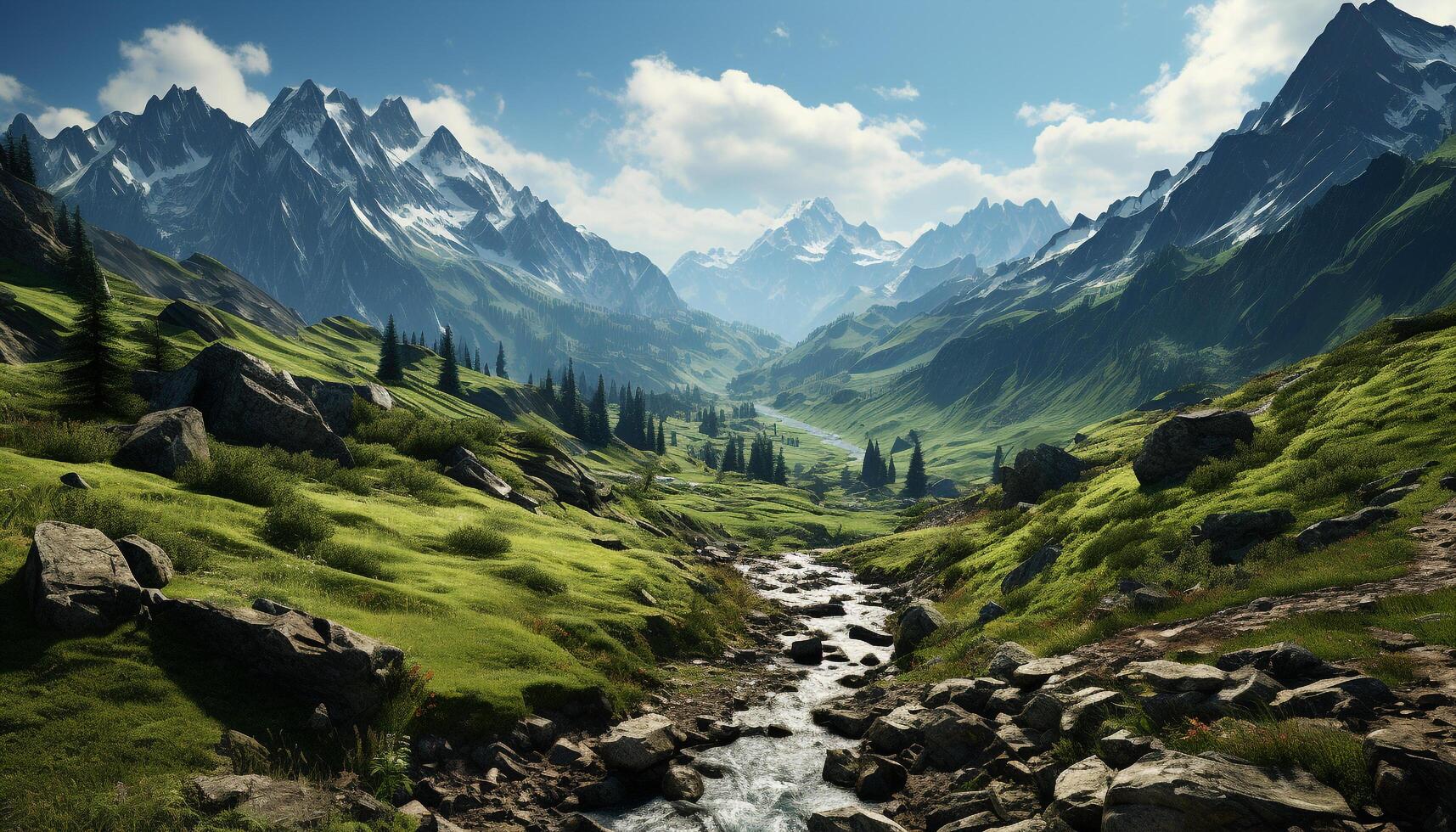 AI generated Majestic mountain peak, green meadow, tranquil waterfall generated by AI photo