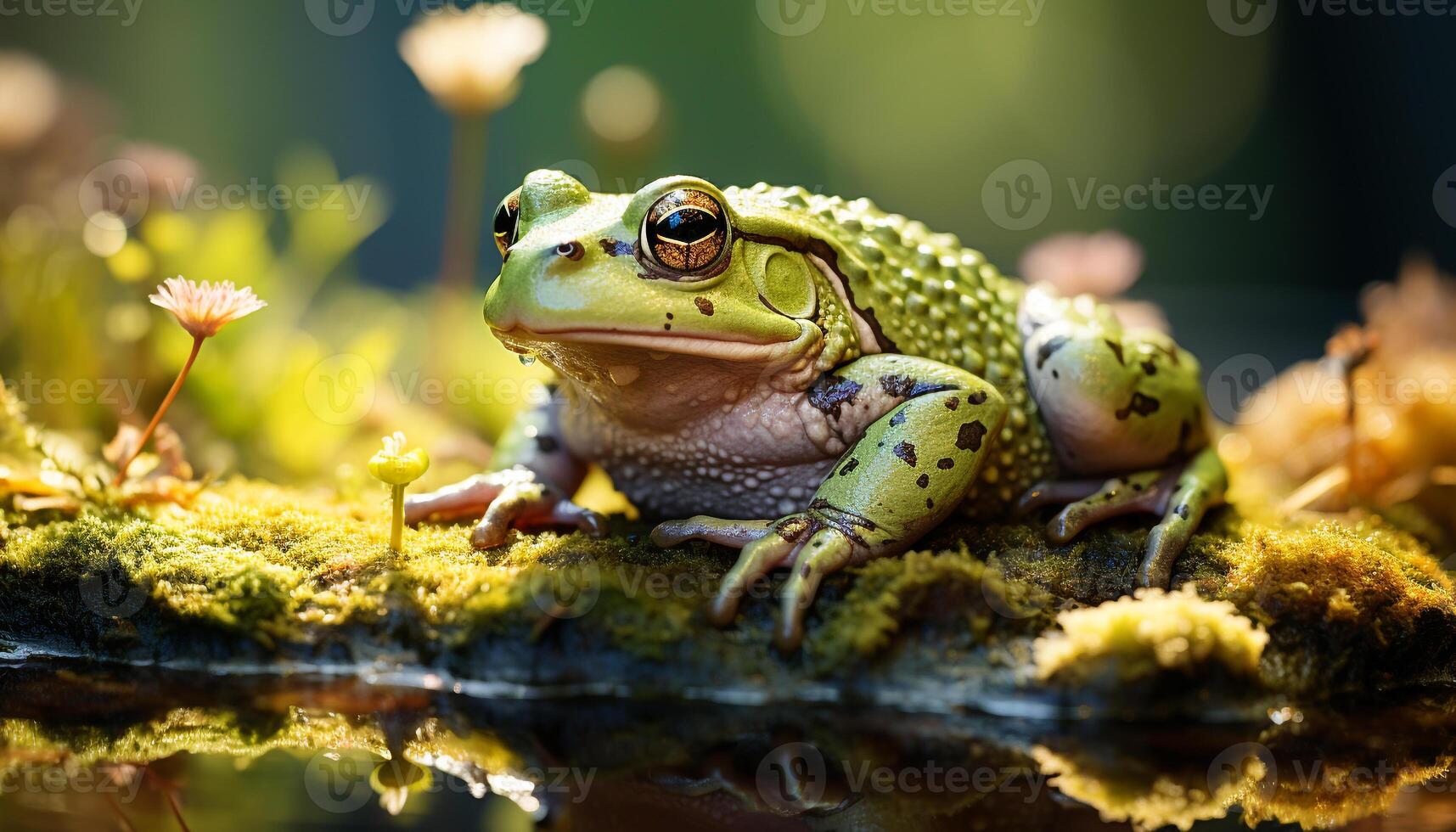 AI generated Cute toad sitting on wet leaf in forest generated by AI photo