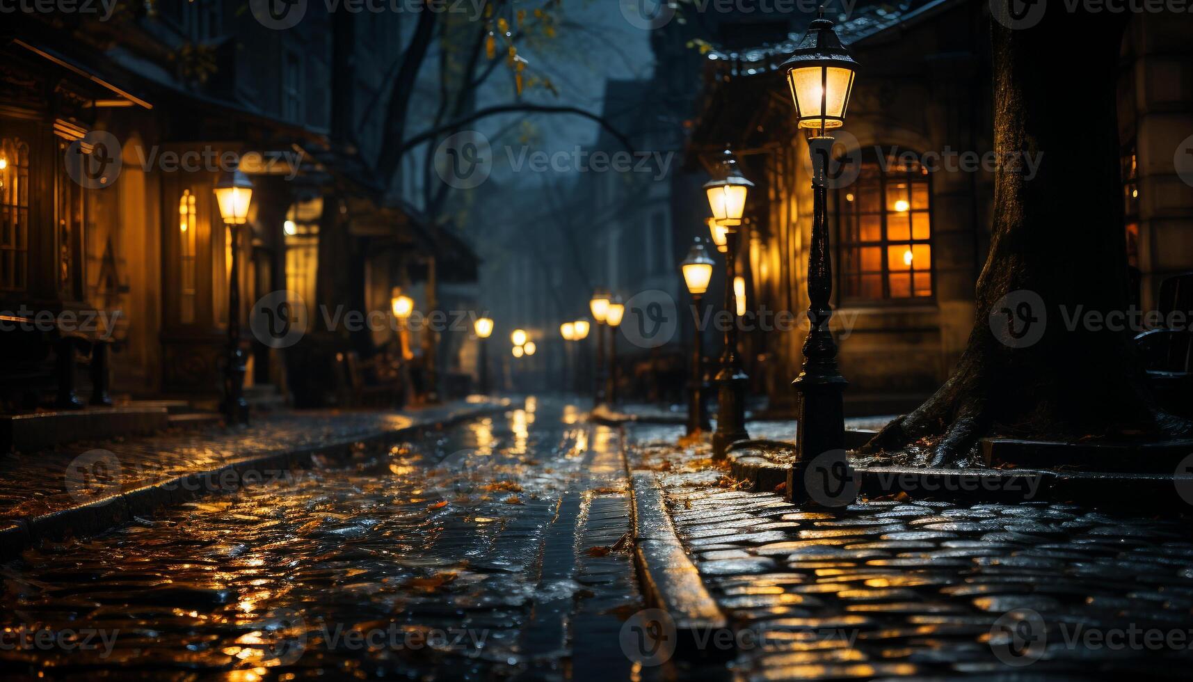 AI generated Illuminated lanterns light up the dark city street generated by AI photo