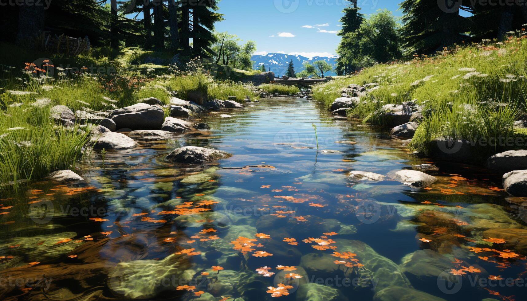 AI generated Tranquil scene of green forest reflects in pond generated by AI photo