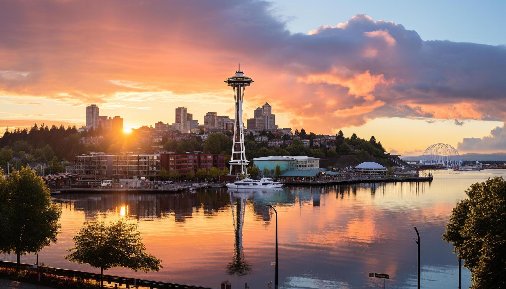 AI generated Vibrant sunset reflects on city skyline and water generated by AI photo