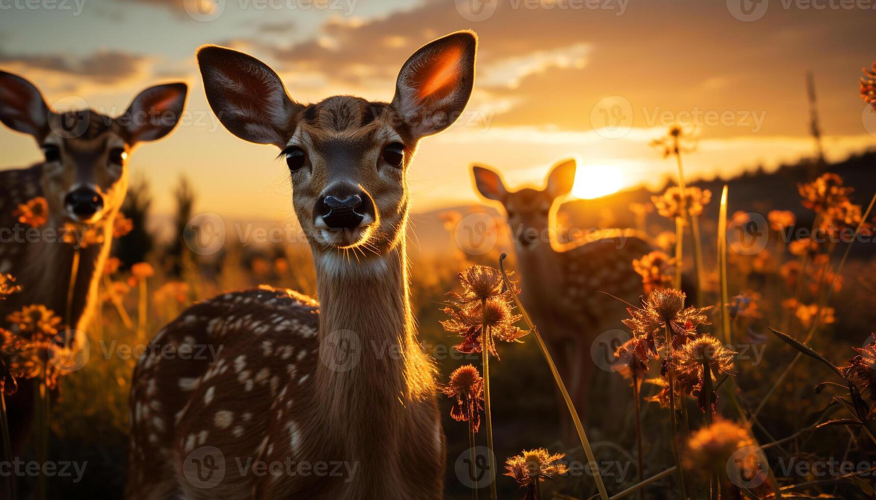 AI generated Cute deer grazing in meadow at sunset generated by AI photo