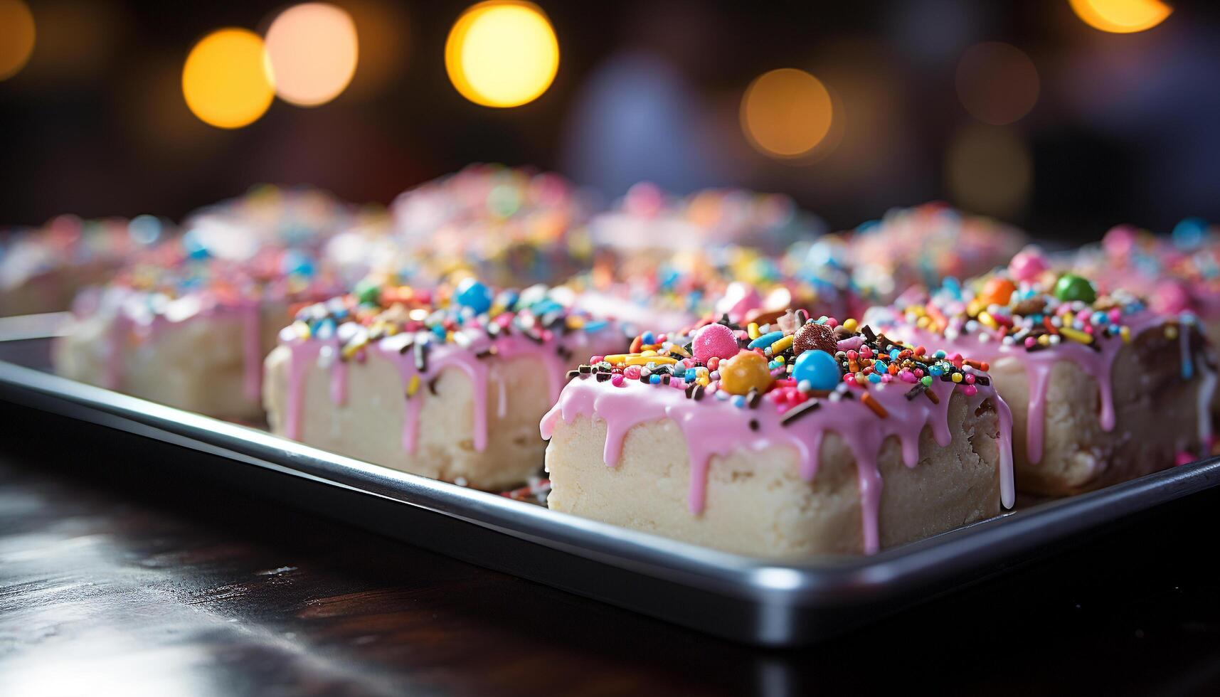 AI generated Sweet food decoration on table, close up, multi colored generated by AI photo