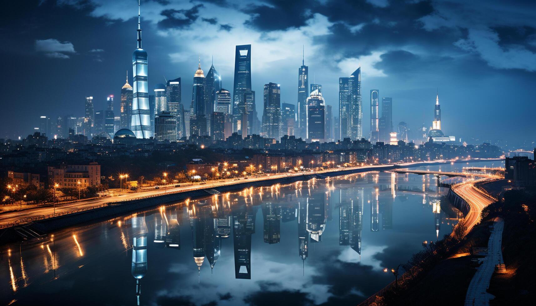 ai generado moderno paisaje urbano a noche, rascacielos iluminado en azul generado por ai foto
