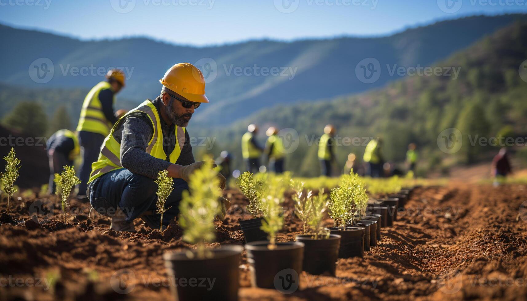 AI generated Men working outdoors, planting farm, cooperating for growth generated by AI photo