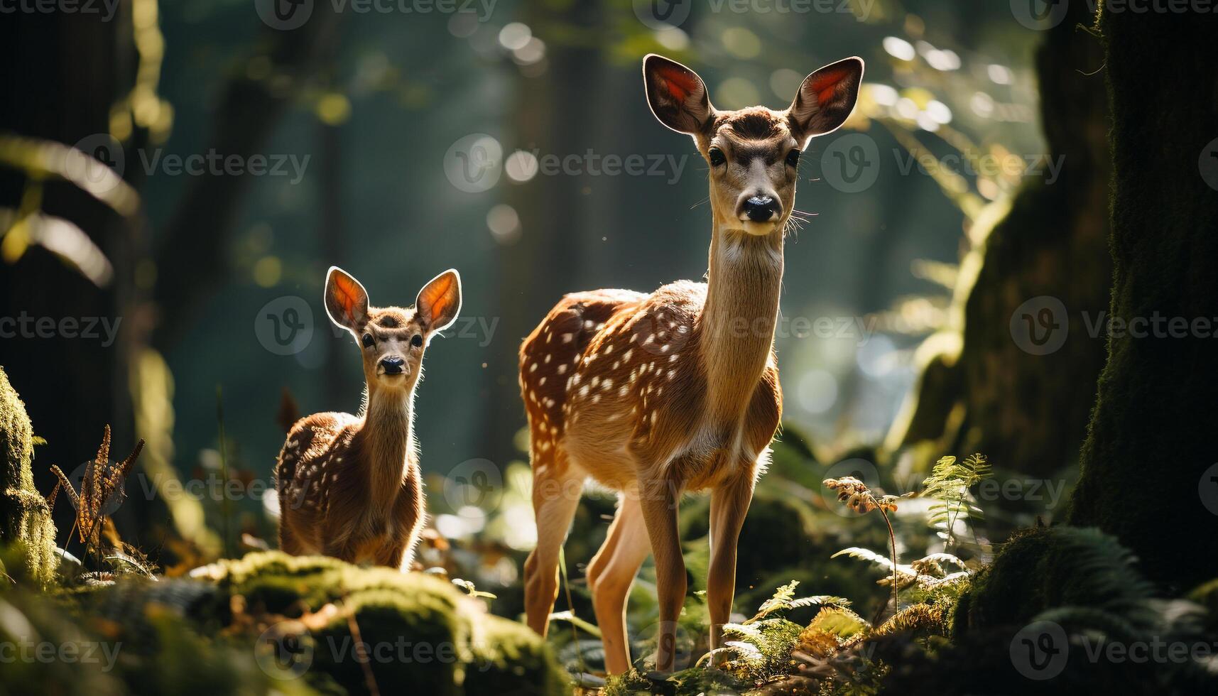 ai generado linda joven ciervo mirando a cámara en bosque generado por ai foto