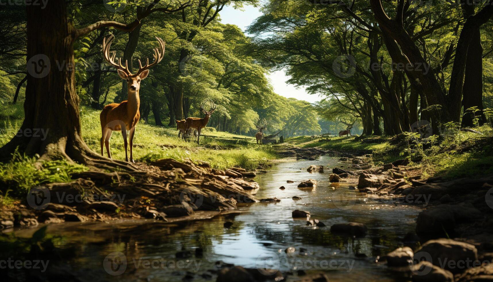 AI generated Deer standing in tranquil forest, surrounded by beauty generated by AI photo