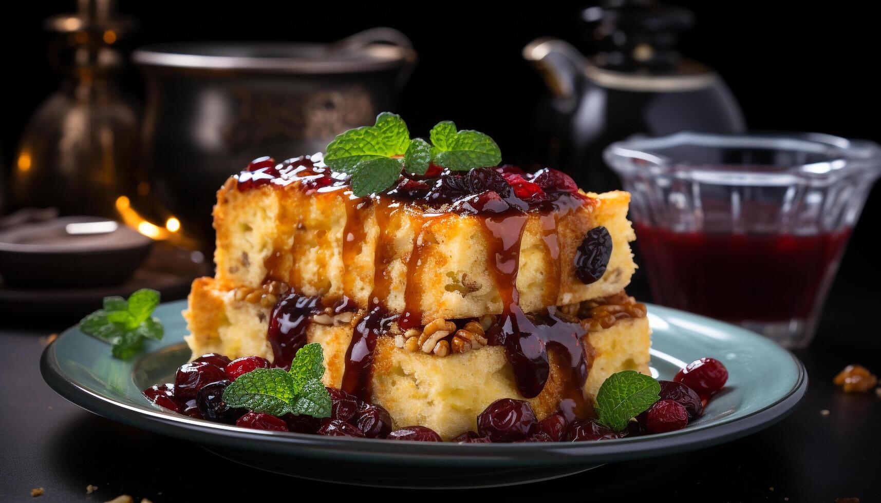 AI generated Freshness and sweetness on a gourmet dessert plate generated by AI photo