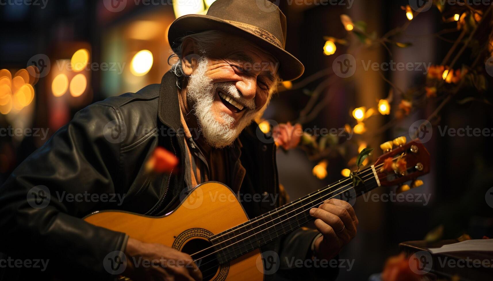 AI generated Smiling musician playing guitar, bringing joy to night generated by AI photo