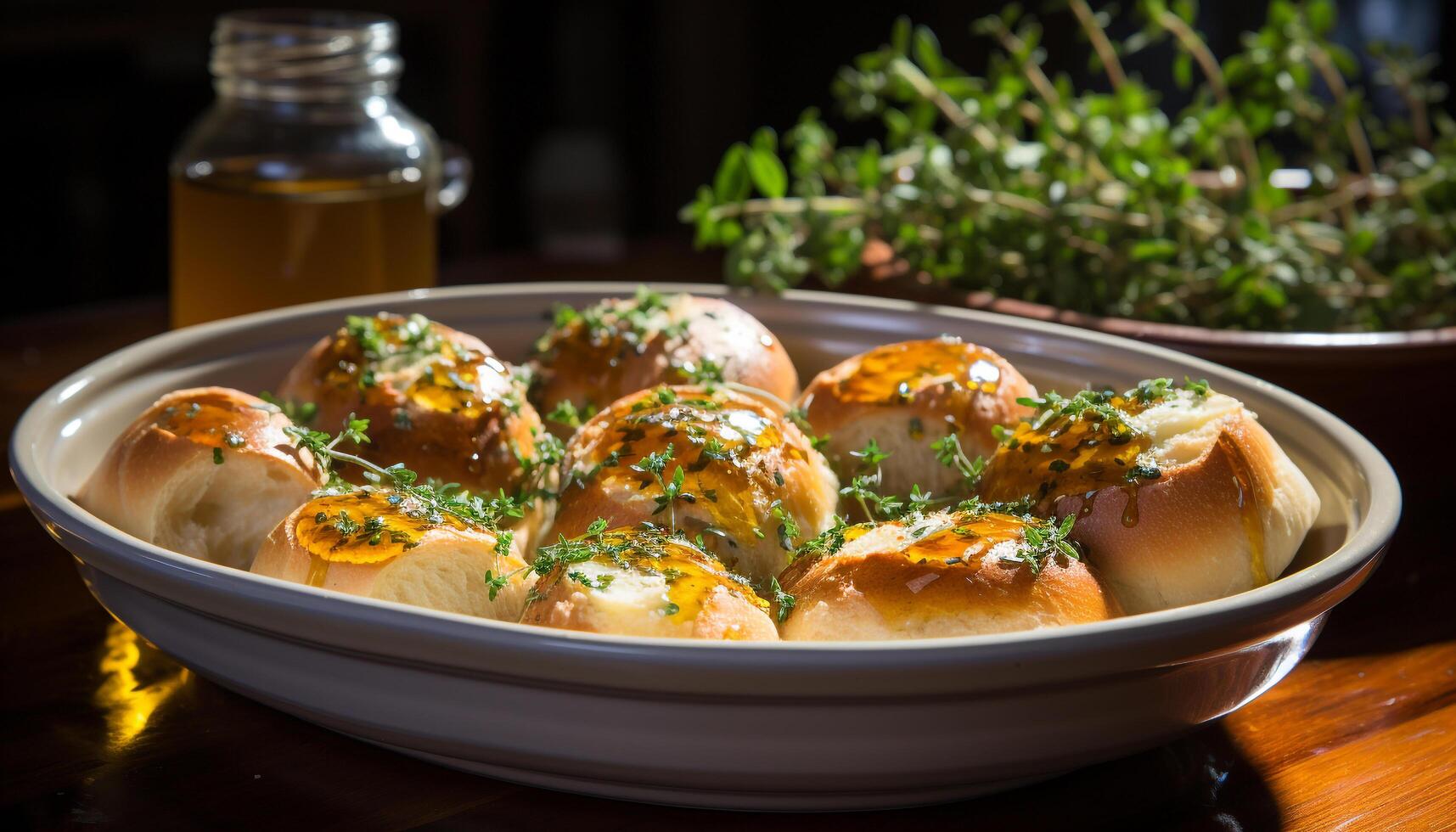 AI generated Freshly cooked pork dumplings on a wooden plate generated by AI photo