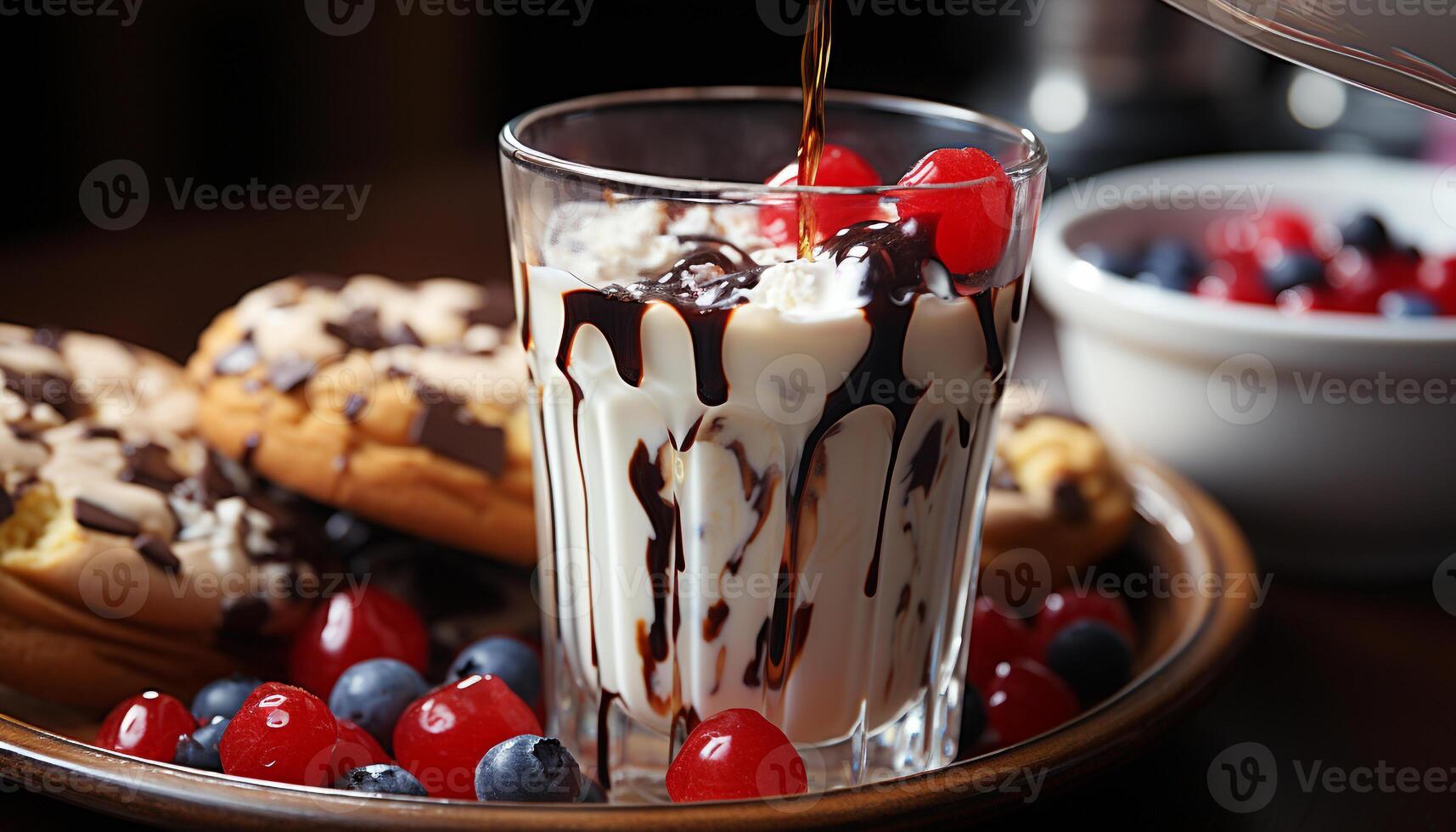 AI generated Freshness of homemade berry dessert on rustic wood table generated by AI photo
