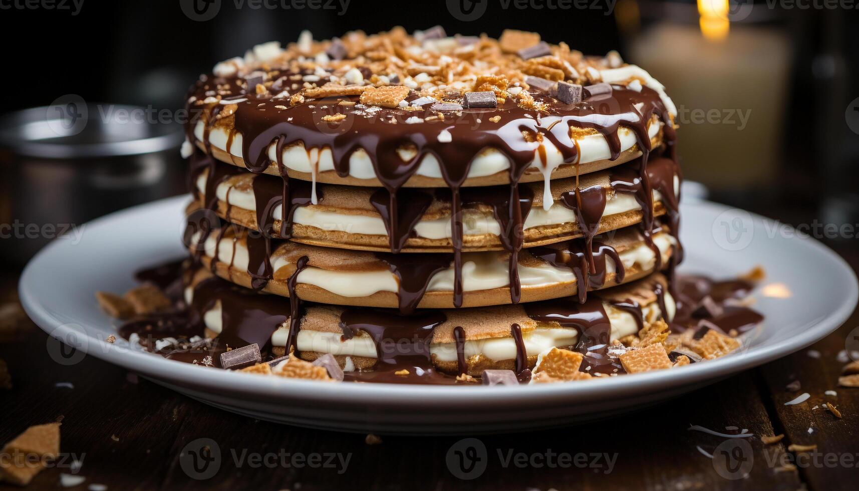 AI generated Stack of homemade chocolate pancakes on wooden plate generated by AI photo