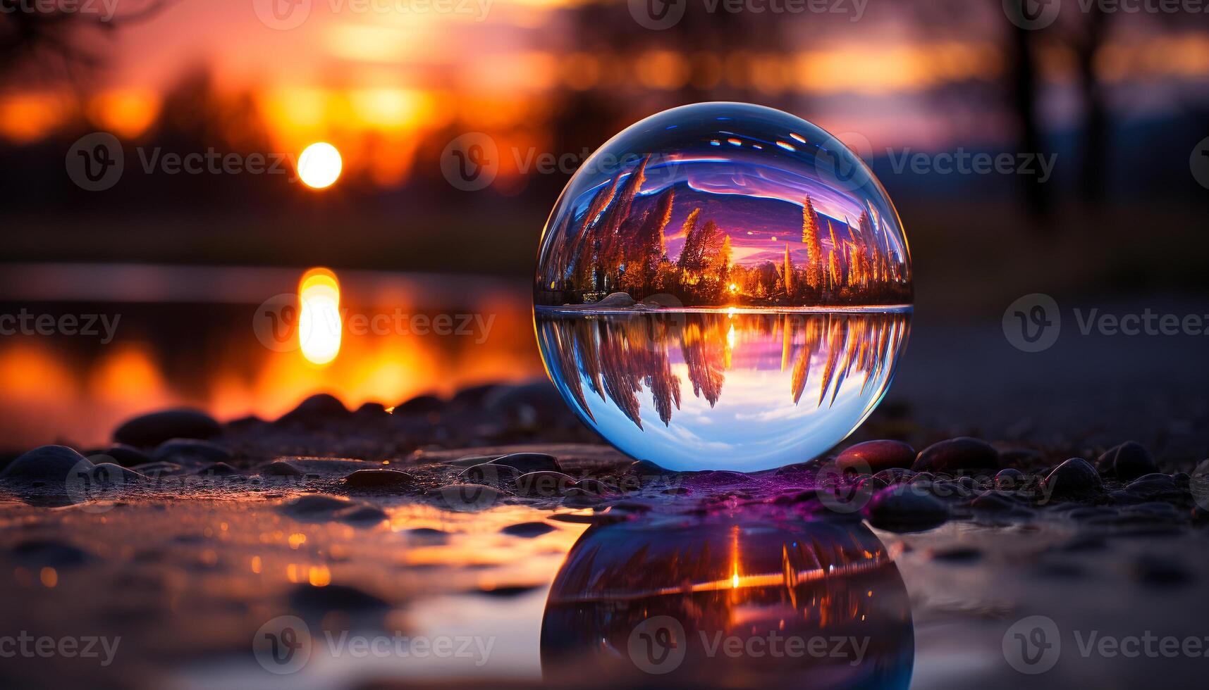 AI generated Shiny sphere reflects sunset beauty on tranquil water generated by AI photo