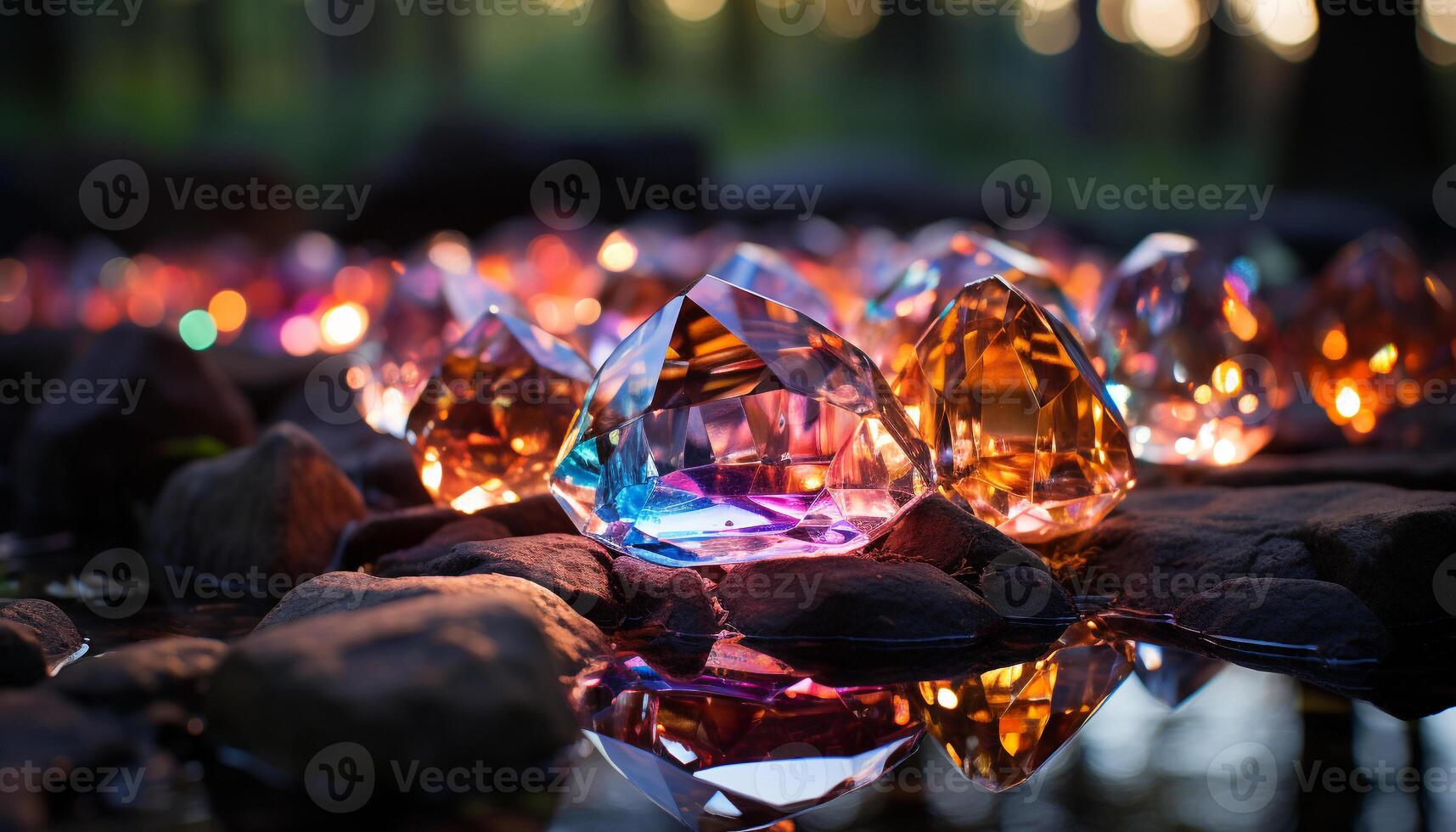 AI generated Shiny gemstone illuminated in vibrant, glowing, multi colored light generated by AI photo