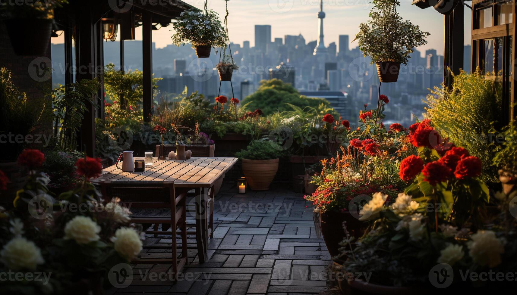 AI generated Table with flower pot, chair, skyscraper, and sunset generated by AI photo