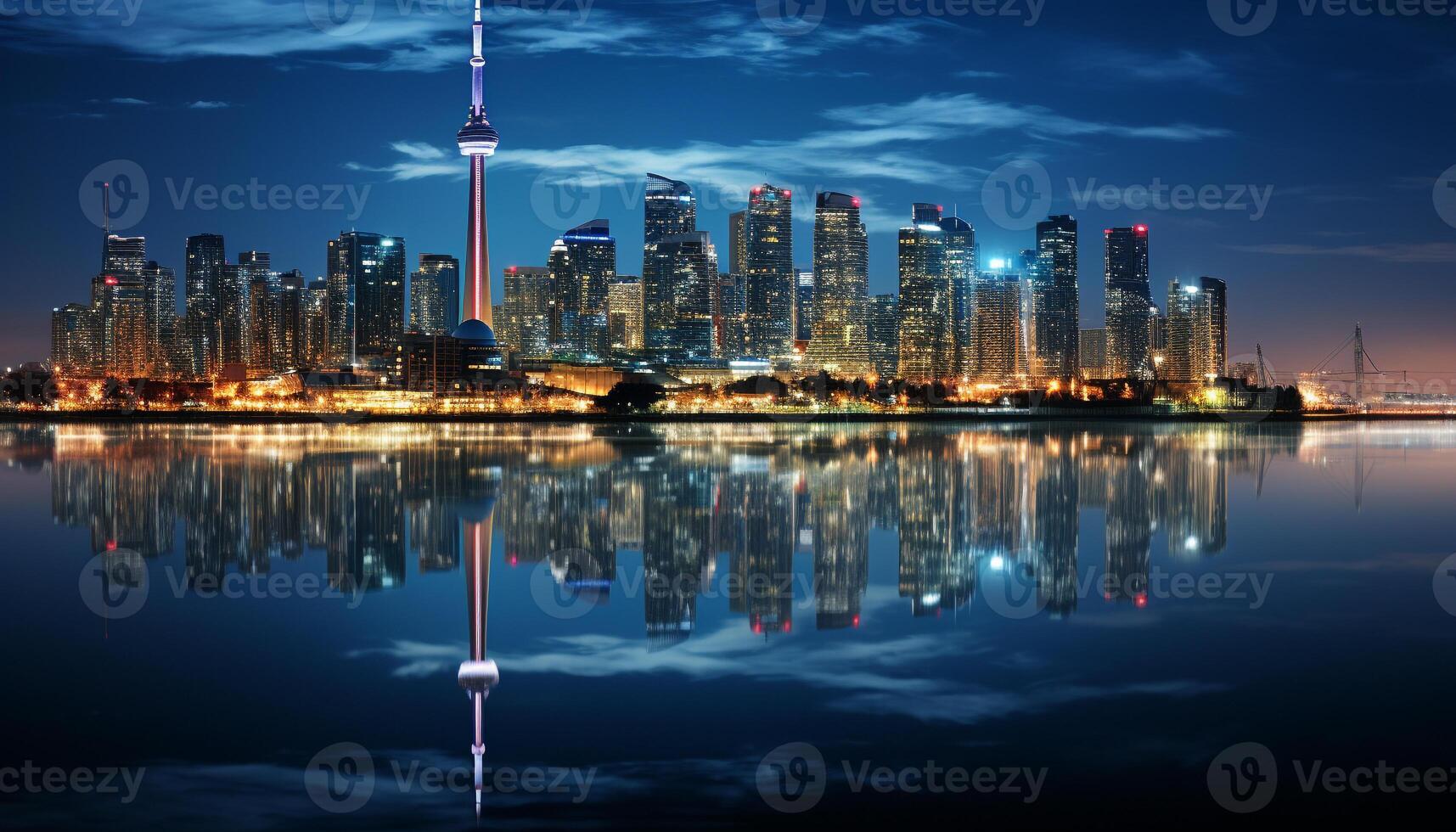 AI generated Night skyline reflects on water, illuminating famous city generated by AI photo