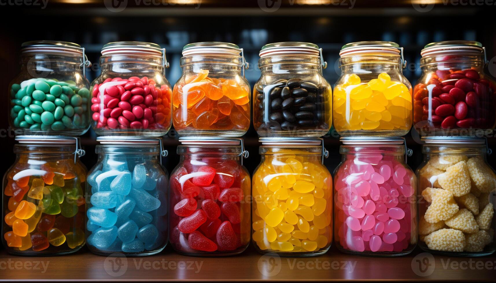 AI generated Variety of colorful candies in glass jars generated by AI photo