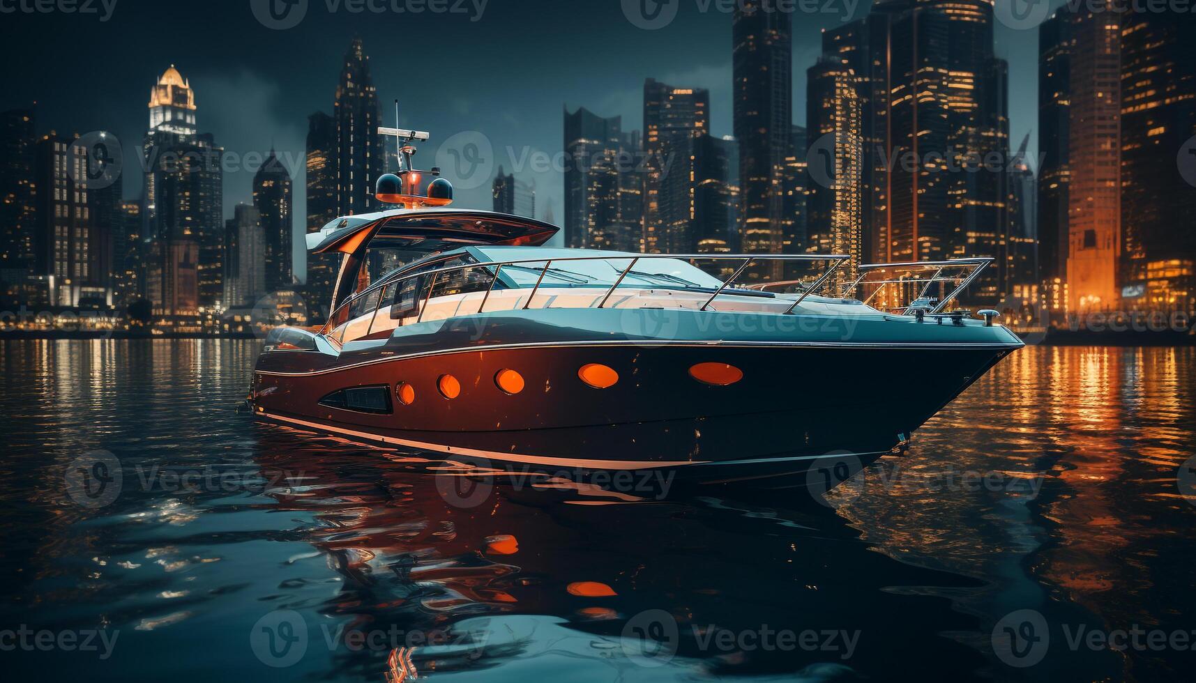 AI generated Nighttime cityscape reflects on the water surface generated by AI photo