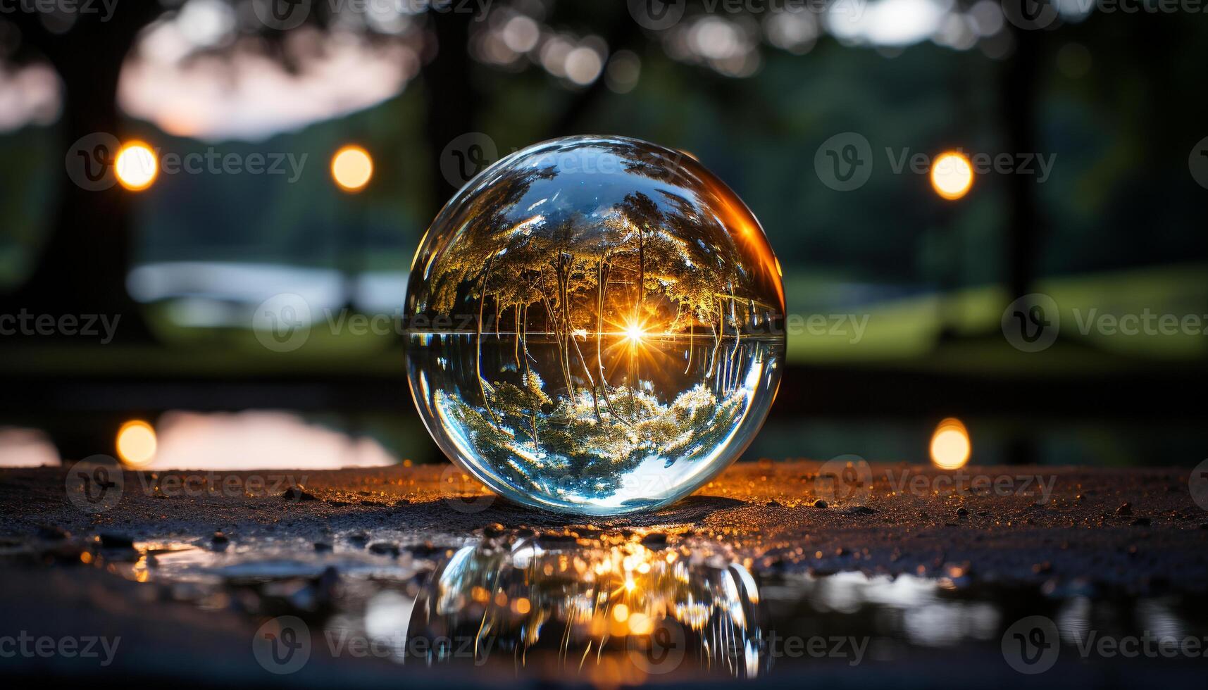 ai generado reflexión de naturaleza en vaso esfera al aire libre a noche generado por ai foto