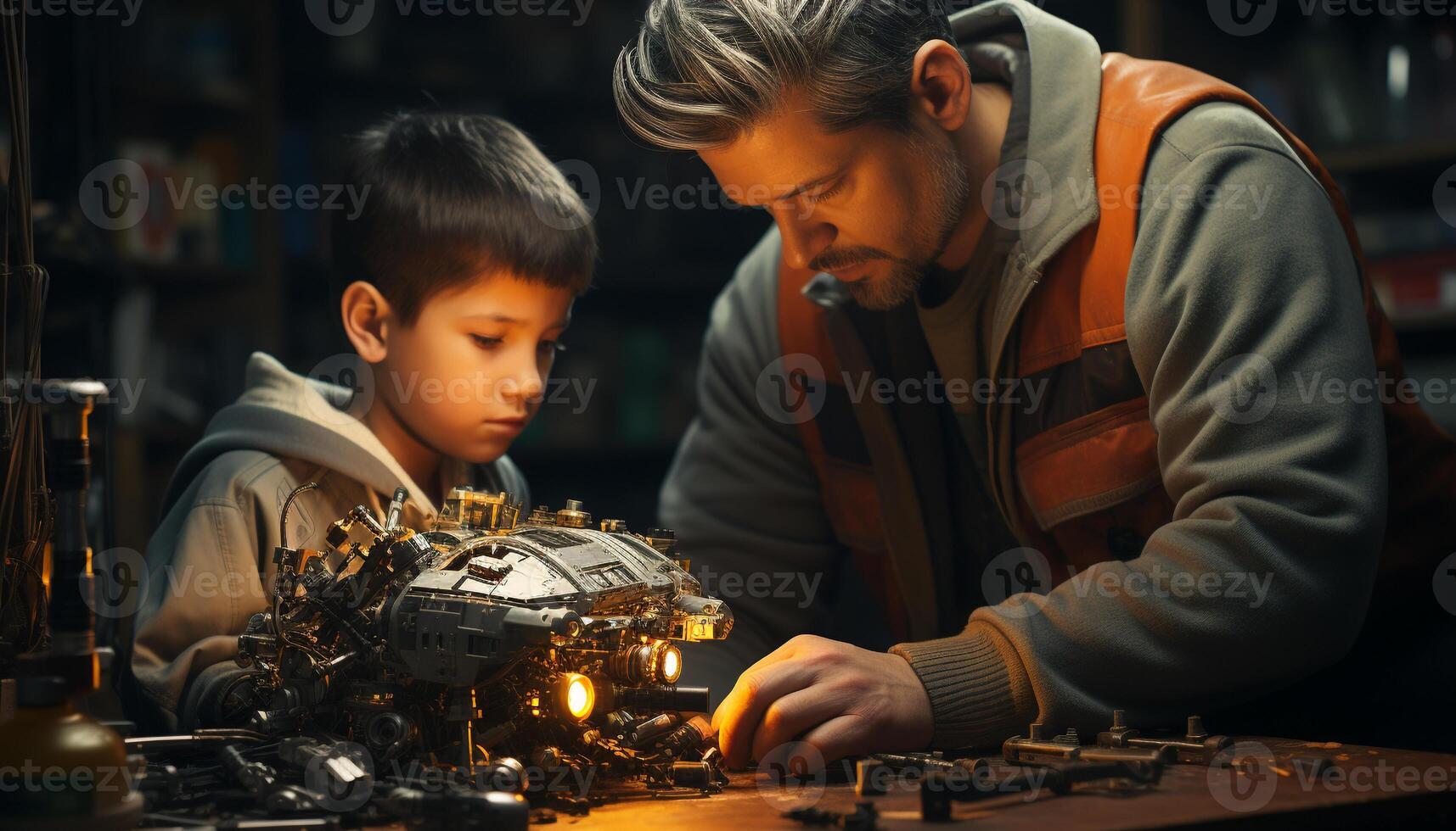 AI generated Father and son working together in a workshop generated by AI photo