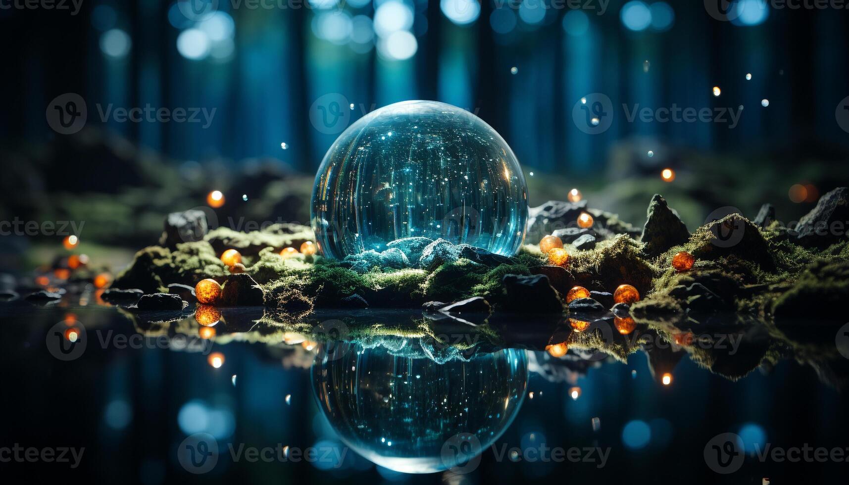 AI generated Reflection of nature in a sphere of water generated by AI photo