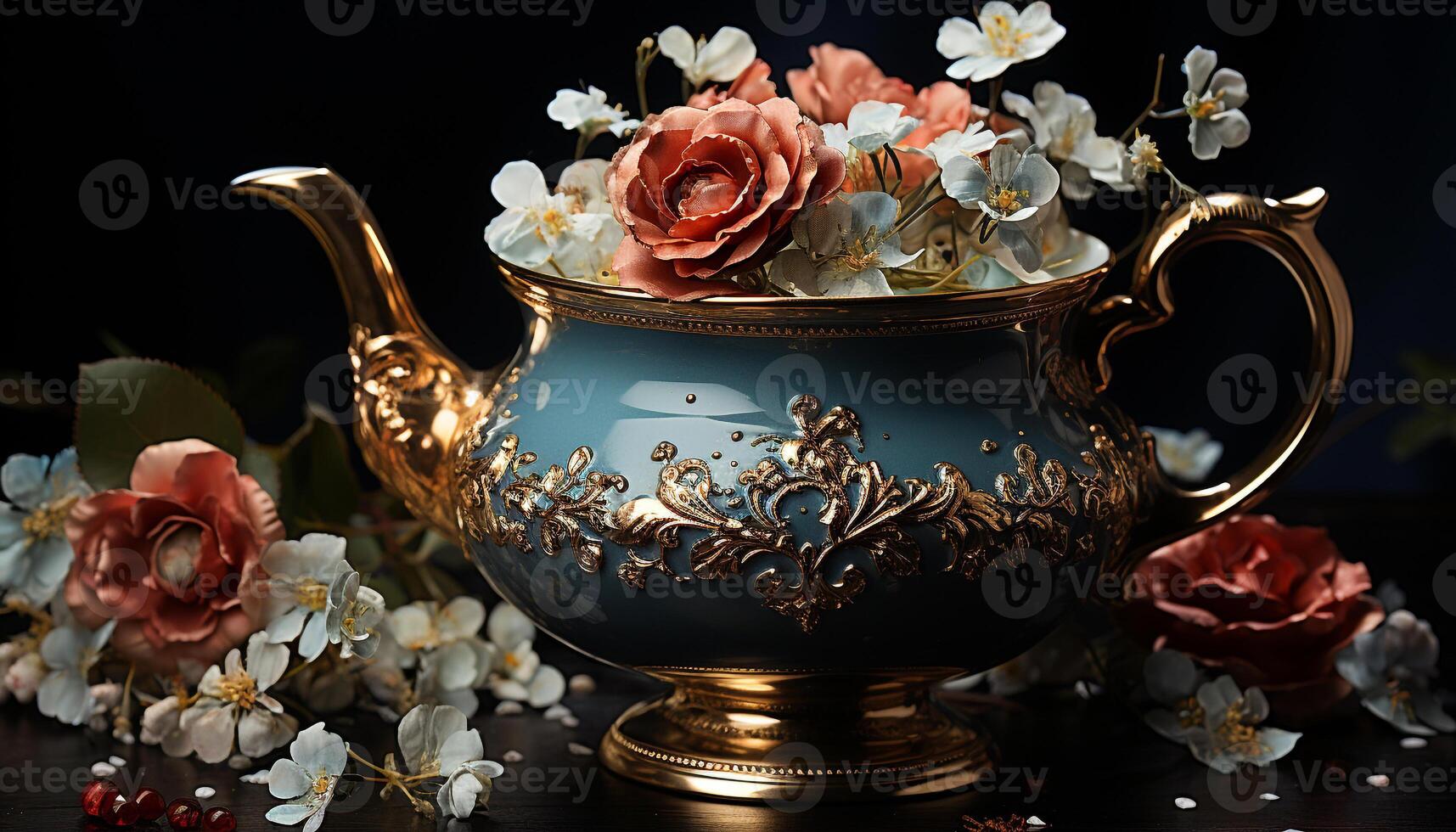 AI generated Antique vase holds old fashioned flower bouquet on wooden table generated by AI photo