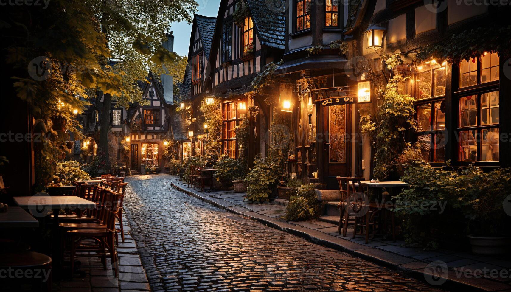 AI generated Outdoor table illuminated by lanterns in the dusk generated by AI photo