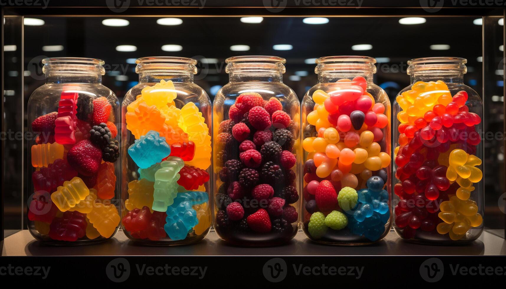 AI generated Multi colored fruit jar, sweet, fresh, gourmet generated by AI photo